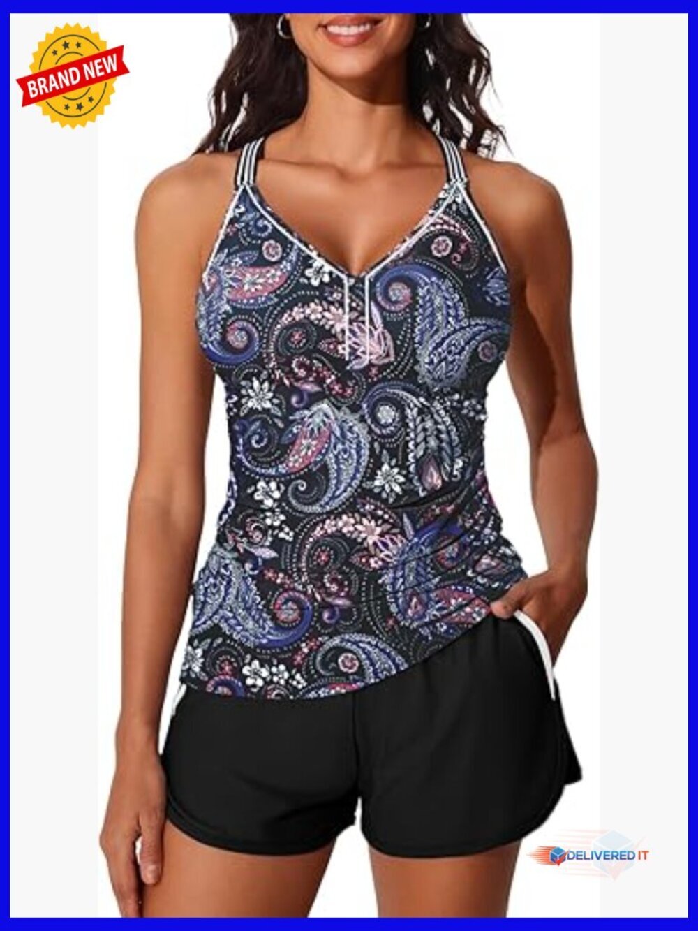 High Rise Tankini Set with Boy Shorts and Pockets Tummy Control 2 Piece Swim